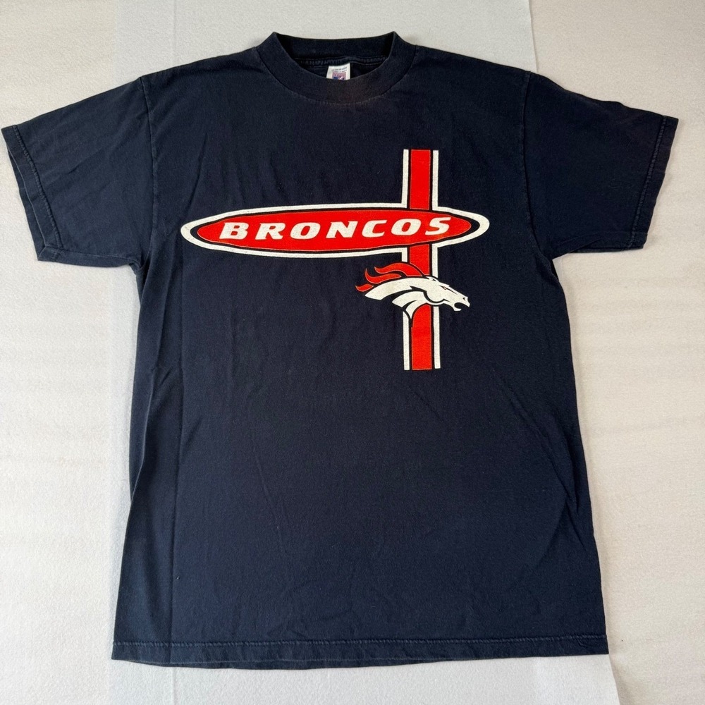 Vintage 90s Denver Broncos Shirt Mens Medium Navy Blue Logo 7 NFL Graphic Tee